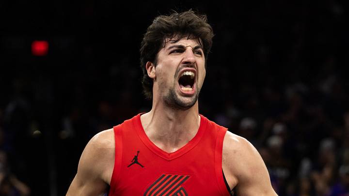 Apr 14, 2026; Phoenix, Arizona, USA; Portland Trail Blazers forward Deni Avdija (8) celebrates against the Phoenix Suns in the second half during the play-in rounds of the 2026 NBA Playoffs at Mortgage Matchup Center. Mandatory Credit: Mark J. Rebilas-Imagn Images