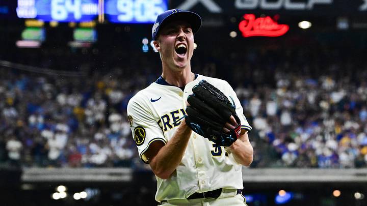 Oct 6, 2025; Milwaukee, Wisconsin, USA; Milwaukee Brewers pitcher Jacob Misiorowski (32) celebrates during the third inning against the Chicago Cubs after retiring the side during game two of the NLDS round for the 2025 MLB playoffs at American Family Field. Mandatory Credit: Benny Sieu-Imagn Images Oct 6, 2025; Milwaukee, Wisconsin, USA; Milwaukee Brewers pitcher Jacob Misiorowski (32) celebrates during the third inning against the Chicago Cubs after retiring the side during game two of the NLDS round for the 2025 MLB playoffs at American Family Field. Mandatory Credit: Benny Sieu-Imagn Images