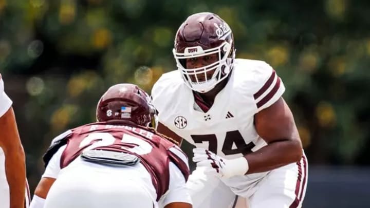 Mississippi State Offensive Lineman Jimothy Lewis Jr. (#74) during the 2025 Spring Game at Davis Wade Stadium at Scott Field in Starkville, MS. Mississippi State Offensive Lineman Jimothy Lewis Jr. (#74) during the 2025 Spring Game at Davis Wade Stadium at Scott Field in Starkville, MS.
