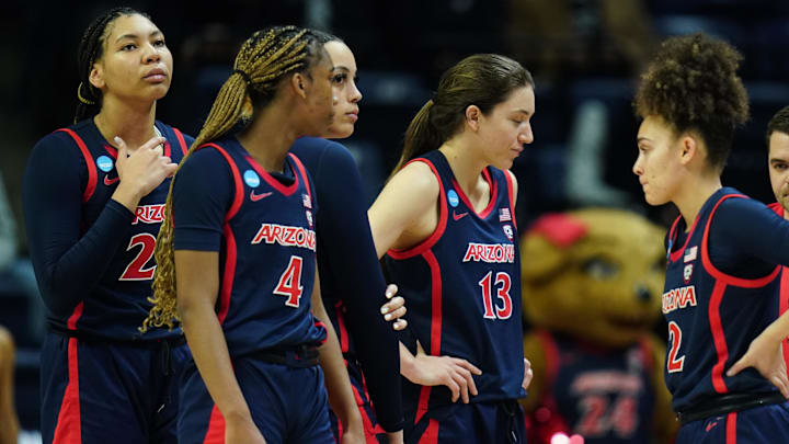 Mar 23, 2024; Storrs, Connecticut, USA; Arizona Wildcats head coach Adia Barnes with her team during a break in the action as they take on the Syracuse Orange at Harry A. Gampel Pavilion. Mandatory Credit: David Butler II-Imagn Images Mar 23, 2024; Storrs, Connecticut, USA; Arizona Wildcats head coach Adia Barnes with her team during a break in the action as they take on the Syracuse Orange at Harry A. Gampel Pavilion. Mandatory Credit: David Butler II-Imagn Images