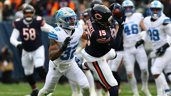Rome Odunze beats Brian Branch for a reception against the Lions at Soldier Field. Rome Odunze beats Brian Branch for a reception against the Lions at Soldier Field.