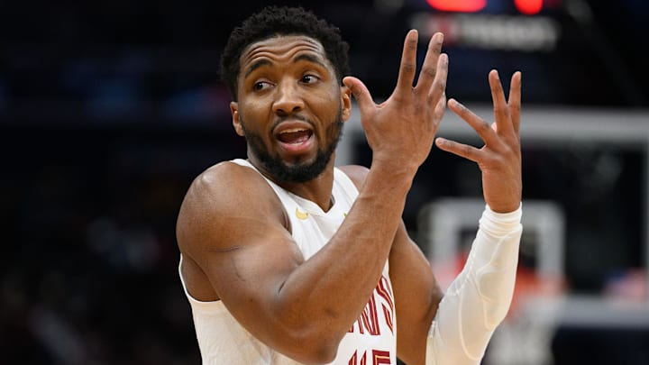 Feb 7, 2025; Washington, District of Columbia, USA; Cleveland Cavaliers guard Donovan Mitchell (45) looks on during the third quarter against the Washington Wizards at Capital One Arena. Mandatory Credit: Reggie Hildred-Imagn Images Feb 7, 2025; Washington, District of Columbia, USA; Cleveland Cavaliers guard Donovan Mitchell (45) looks on during the third quarter against the Washington Wizards at Capital One Arena. Mandatory Credit: Reggie Hildred-Imagn Images