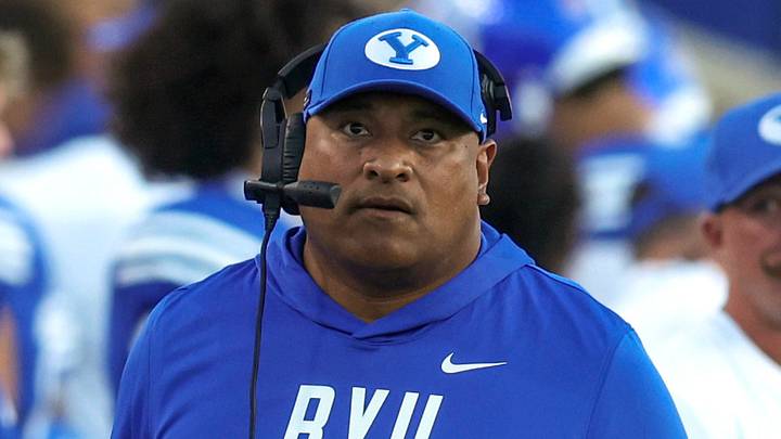 Sep 5, 2026; Provo, Utah, USA; BYU Cougars head coach Kalani Sitake looks on during the second quarter of a game against the Utah Tech Trailblazers at LaVell Edwards Stadium. Mandatory Credit: Rob Gray-Imagn Images Sep 5, 2026; Provo, Utah, USA; BYU Cougars head coach Kalani Sitake looks on during the second quarter of a game against the Utah Tech Trailblazers at LaVell Edwards Stadium. Mandatory Credit: Rob Gray-Imagn Images