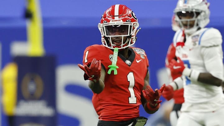 Jan 1, 2026; New Orleans, LA, USA; Georgia Bulldogs wide receiver Zachariah Branch (1) gestures after a first down against the Mississippi Rebels during the 2026 Sugar Bowl and quarterfinal game of the College Football Playoff at Caesars Superdome. Mandatory Credit: Geoff Burke-Imagn Images