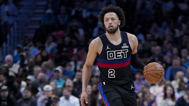Feb 9, 2026; Charlotte, North Carolina, USA; Detroit Pistons guard Cade Cunningham (2) brings the ball up court during the second half against the Charlotte Hornets at Spectrum Center. Mandatory Credit: Jim Dedmon-Imagn Images