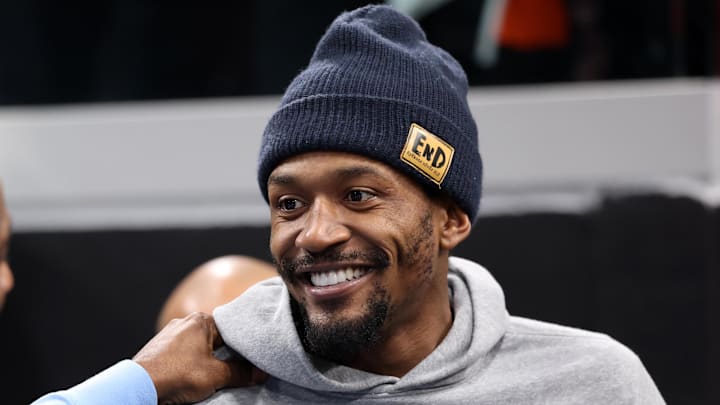 Jan 1, 2026; Inglewood, California, USA;  Los Angeles Clippers guard Bradley Beal (right) chats with Utah Jazz assistant coach Jason Terry prior to an NBA game at Intuit Dome. Mandatory Credit: Kiyoshi Mio-Imagn Images