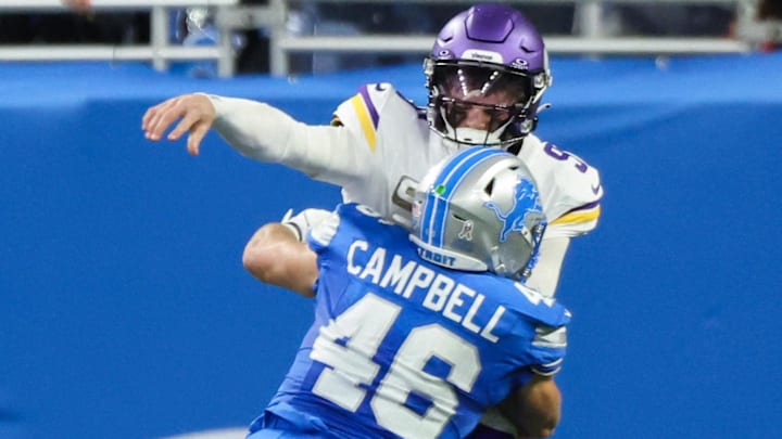 Minnesota Vikings quarterback J.J. McCarthy (9) is sacked by Detroit Lions linebacker Jack Campbell (46). Minnesota Vikings quarterback J.J. McCarthy (9) is sacked by Detroit Lions linebacker Jack Campbell (46).