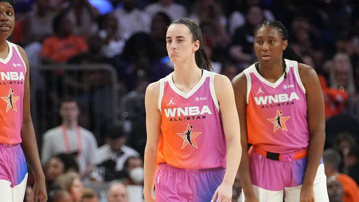 Team WNBA teammates Caitlin Clark (22), center, forward Aliyah Boston (7), right, and center Jonquel Jones (35) take on Team USA during the WNBA All-Star Game at Footprint Center in Phoenix on July 20, 2024. Team WNBA teammates Caitlin Clark (22), center, forward Aliyah Boston (7), right, and center Jonquel Jones (35) take on Team USA during the WNBA All-Star Game at Footprint Center in Phoenix on July 20, 2024.