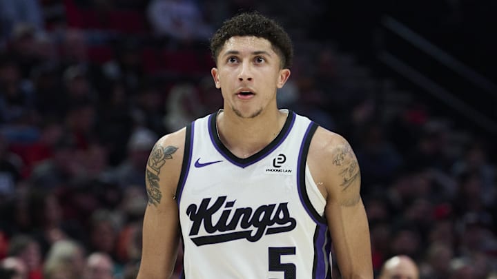 Apr 12, 2026; Portland, Oregon, USA; Sacramento Kings guard Nique Clifford (5) waits during a break during the second half in a game against the Portland Trail Blazers at Moda Center. Mandatory Credit: Troy Wayrynen-Imagn Images