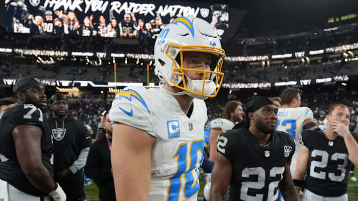 Jan 5, 2025; Paradise, Nevada, USA; Los Angeles Chargers quarterback Justin Herbert (10) reacts after the game against the Las Vegas Raiders at Allegiant Stadium. Mandatory Credit: Kirby Lee-Imagn Images
