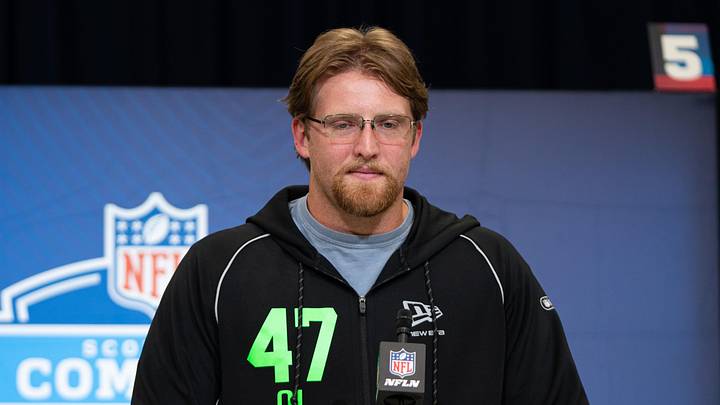 Feb 28, 2026; Indianapolis, IN, USA; Florida offensive lineman Jake Slaughter (OL47) speaks to members of the media during the NFL Combine at the Indiana Convention Center. Mandatory Credit: Jacob Musselman-Imagn Images Feb 28, 2026; Indianapolis, IN, USA; Florida offensive lineman Jake Slaughter (OL47) speaks to members of the media during the NFL Combine at the Indiana Convention Center. Mandatory Credit: Jacob Musselman-Imagn Images