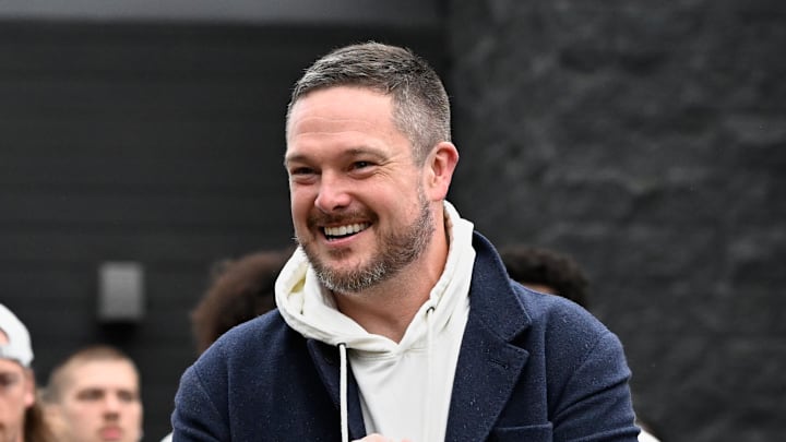 Oct 11, 2025; Eugene, Oregon, USA; Oregon Ducks head coach Dan Lanning arrives with players before the game between the Indiana Hoosiers and the Oregon Ducks at Autzen Stadium. Mandatory Credit: Troy Wayrynen-Imagn Images