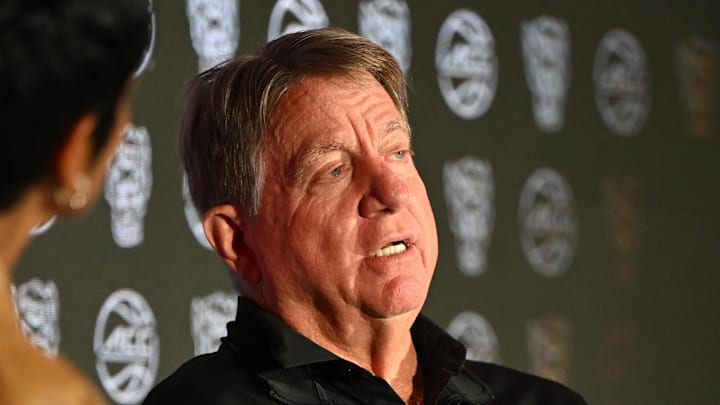 Oct 6, 2025; Charlotte, NC, USA; North Carolina State head coach Wes Moore answers questions from the media at The Hilton Charlotte Uptown. Mandatory Credit: William Howard-Imagn Images