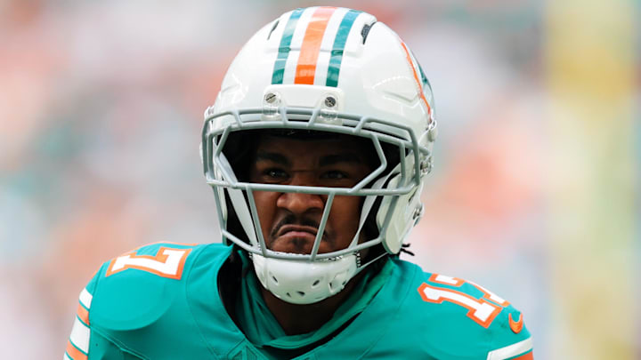 Dec 21, 2025; Miami Gardens, Florida, USA; Miami Dolphins wide receiver Jaylen Waddle (17) reacts during the second quarter against the Cincinnati Bengals at Hard Rock Stadium. Mandatory Credit: Sam Navarro-Imagn Images
