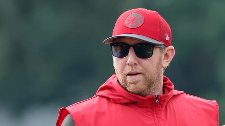 Jul 25, 2024; Tampa, FL, USA;  Tampa Bay Buccaneers offensive coordinator Liam Coen and quarterback Kyle Trask (2) during training camp at AdventHealth Training Center. Mandatory Credit: Kim Klement Neitzel-Imagn Images