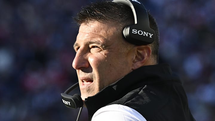 Nov 2, 2025; Foxborough, Massachusetts, USA;  New England Patriots head coach Mike Vrabel reacts during the first half of the game against the Atlanta Falcons at Gillette Stadium. Nov 2, 2025; Foxborough, Massachusetts, USA;  New England Patriots head coach Mike Vrabel reacts during the first half of the game against the Atlanta Falcons at Gillette Stadium.