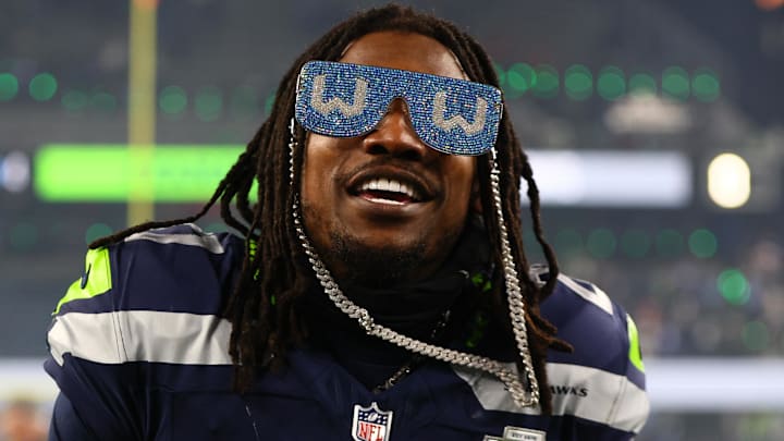 Jan 17, 2026; Seattle, WA, USA;  Seattle Seahawks cornerback Riq Woolen (27) celebrates following an NFC Divisional Round game against the San Francisco 49ers at Lumen Field. 