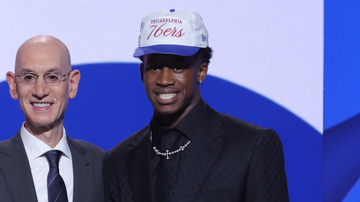 Jun 25, 2025; Brooklyn, NY, USA;  VJ Edgecombe stands with NBA commissioner Adam Silver after being selected as the third pick by the Philadelphia 76ers in the first round of the 2025 NBA Draft at Barclays Center. Mandatory Credit: Brad Penner-Imagn Images