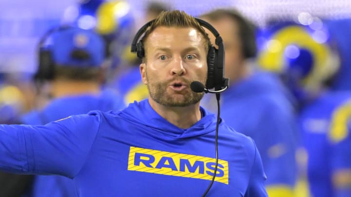 Dec 28, 2024; Inglewood, California, USA;  Los Angeles Rams head coach Sean McVay on the sidelines in the second half against the Arizona Cardinals at SoFi Stadium. Mandatory Credit: Jayne Kamin-Oncea-Imagn Images