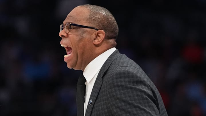 Mar 12, 2026; Charlotte, NC, USA; North Carolina Tar Heels head coach Hubert Davis reacts in the first half at Spectrum Center. Mandatory Credit: Bob Donnan-Imagn Images