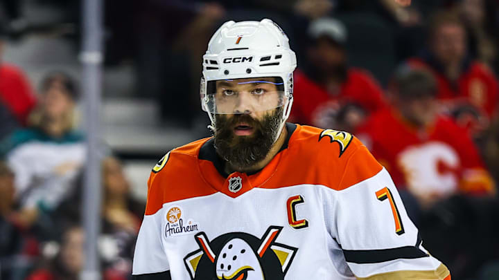 Jan 25, 2026; Calgary, Alberta, CAN; Anaheim Ducks defenseman Radko Gudas (7) against the Calgary Flames during the third period at Scotiabank Saddledome. Mandatory Credit: Sergei Belski-Imagn Images