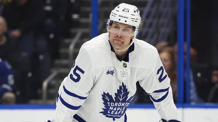 Feb 25, 2026; Tampa, Florida, USA; Toronto Maple Leafs defenseman Brandon Carlo (25) during the game against the Tampa Bay Lightning in the third period at Benchmark International Arena. Mandatory Credit: Morgan Tencza-Imagn Images