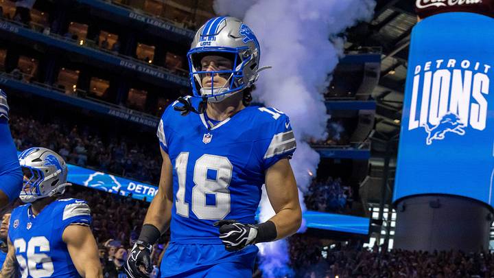 Detroit Lions wide receiver Isaac TeSlaa (18) is introduced prior to a game against the New Orleans Saints Detroit Lions wide receiver Isaac TeSlaa (18) is introduced prior to a game against the New Orleans Saints