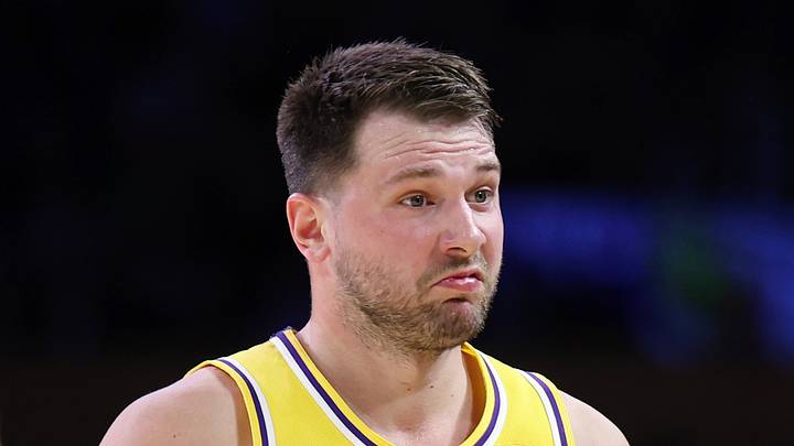 LOS ANGELES, CALIFORNIA - FEBRUARY 20: Luka Doncic #77 of the Los Angeles Lakers reacts after scoring. (Photo by Luiza Moraes/Getty Images)