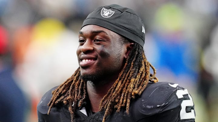 Oct 12, 2025; Paradise, Nevada, USA; Las Vegas Raiders running back Ashton Jeanty (2) reacts after the game against the Tennessee Titans at Allegiant Stadium. Mandatory Credit: Stephen R. Sylvanie-Imagn Images