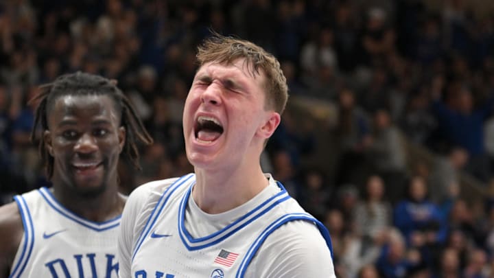 Feb 15, 2025; Durham, North Carolina, USA; Duke Blue Devils forward Cooper Flagg (2) celebrating after dunking against the Stanford Cardinal during the second half at Cameron Indoor Stadium. Mandatory Credit: Zachary Taft-Imagn Images Feb 15, 2025; Durham, North Carolina, USA; Duke Blue Devils forward Cooper Flagg (2) celebrating after dunking against the Stanford Cardinal during the second half at Cameron Indoor Stadium. Mandatory Credit: Zachary Taft-Imagn Images