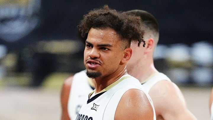 Dec 13, 2024; Boulder, Colorado, USA; Colorado Buffaloes center Elijah Malone (50) reacts during a time out in the first half against the South Dakota State Jackrabbits at CU Events Center. Dec 13, 2024; Boulder, Colorado, USA; Colorado Buffaloes center Elijah Malone (50) reacts during a time out in the first half against the South Dakota State Jackrabbits at CU Events Center.