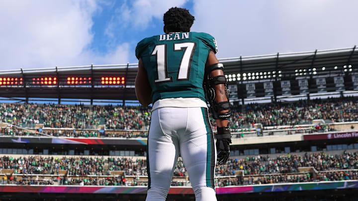 Dec 14, 2025; Philadelphia, Pennsylvania, USA; Philadelphia Eagles linebacker Nakobe Dean (17) stands during the National Anthem before the game against the Las Vegas Raiders at Lincoln Financial Field. Mandatory Credit: Bill Streicher-Imagn Images