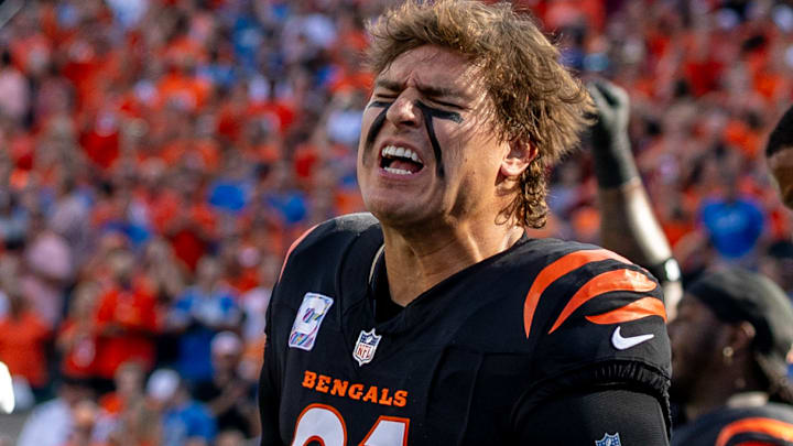 Cincinnati Bengals DE Trey Hendrickson (91) celebrates during a game against the Detroit Lions on Oct. 5, 2025. Cincinnati Bengals DE Trey Hendrickson (91) celebrates during a game against the Detroit Lions on Oct. 5, 2025.