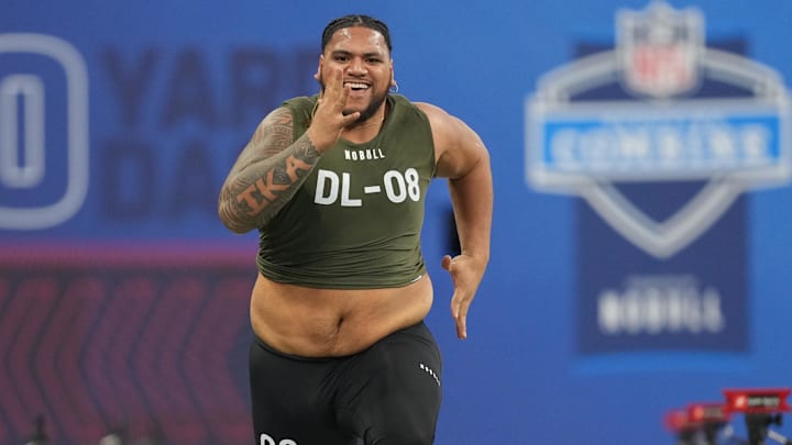Mar 2, 2023; Indianapolis, IN, USA; Baylor defensive lineman Siaki Ika (DL08) participates in the NFL Combine at Lucas Oil Stadium. Mandatory Credit: Kirby Lee-Imagn Images