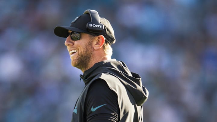 Nov 16, 2025; Jacksonville, Florida, USA; Jacksonville Jaguars head coach Liam Coen reacts to a play against the Los Angeles Chargers d31 at EverBank Stadium. Mandatory Credit: Morgan Tencza-Imagn Images