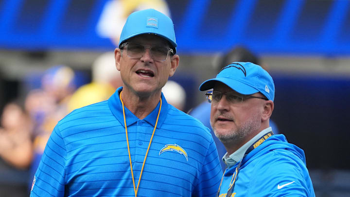 Chargers head coach Jim Harbaugh and GM Joe Hortiz