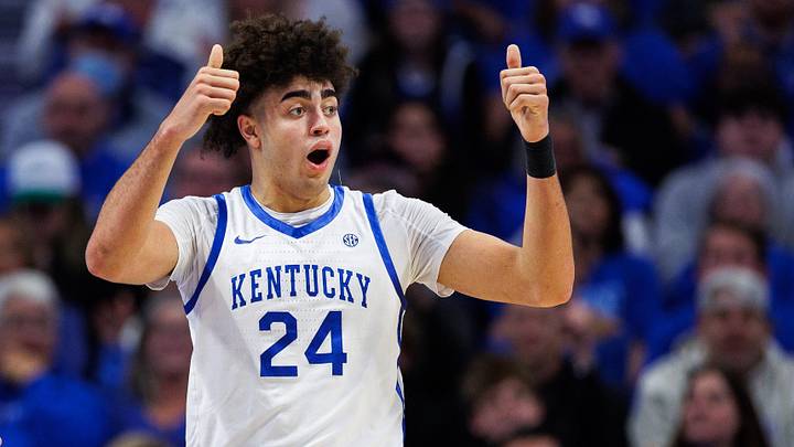 Nov 26, 2025; Lexington, Kentucky, USA; Kentucky Wildcats center Malachi Moreno (24) reacts to a call made by a referee during the second half against the Tennessee Tech Golden Eagles at Rupp Arena at Central Bank Center. Mandatory Credit: Jordan Prather-Imagn Images