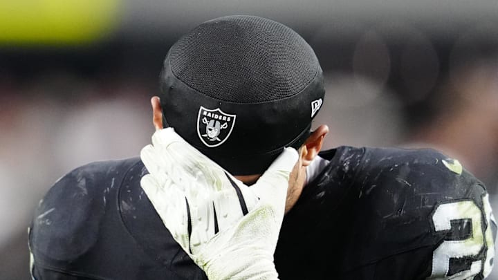 Nov 2, 2025; Paradise, Nevada, USA; Las Vegas Raiders safety Isaiah Pola-Mao (20) reacts after the loss against the Jacksonville Jaguars at Allegiant Stadium. Mandatory Credit: Stephen R. Sylvanie-Imagn Images
