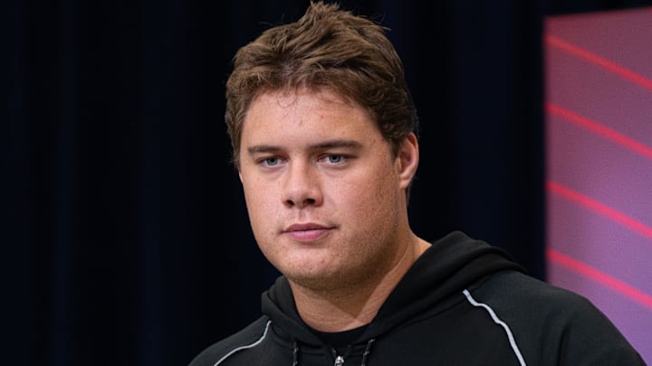 Feb 28, 2026; Indianapolis, IN, USA; Utah offensive lineman Caleb Lomu (OL33) speaks to members of the media during the NFL Combine at the Indiana Convention Center. Mandatory Credit: Jacob Musselman-Imagn Images