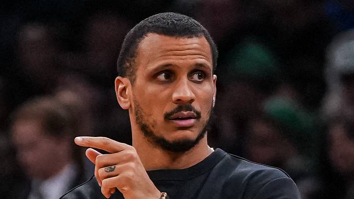 Apr 7, 2026; Boston, Massachusetts, USA; Boston Celtics head coach Joe Mazzulla with guard Derrick White (9) from the sideline as they take on the Charlotte Hornets at TD Garden. Mandatory Credit: David Butler II-Imagn Images