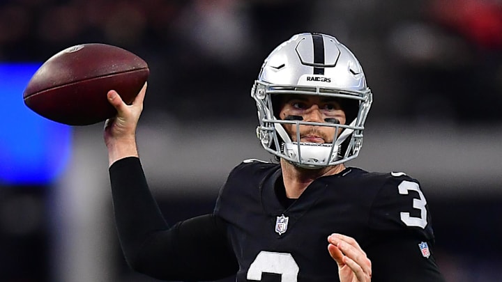 Jan 7, 2023; Paradise, Nevada, USA; Las Vegas Raiders quarterback Jarrett Stidham (3) throws against the Kansas City Chiefs during the first half at Allegiant Stadium. Mandatory Credit: Gary A. Vasquez-Imagn Images