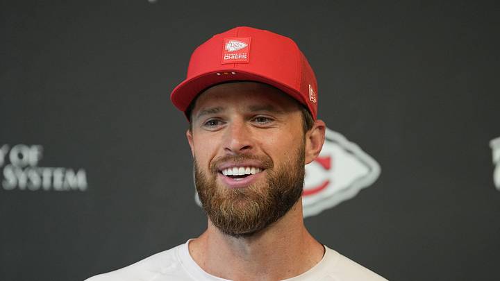 Jun 9, 2026; Kansas City, MO, USA; Kansas City Chiefs place kicker Harrison Butker (7) speaks to media members during a short press conference after the Kansas City Chiefs mandatory mini-camp. Mandatory Credit: Denny Medley-Imagn Images