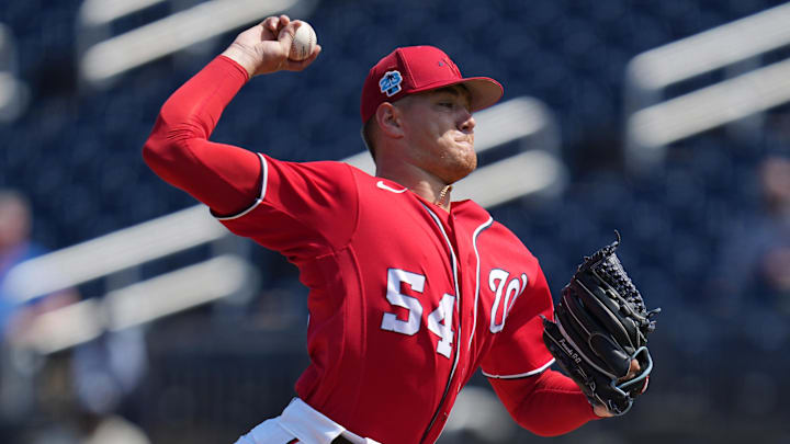 Feb 26, 2023; West Palm Beach, Florida, USA; Washington Nationals pitcher Cade Cavalli (54) pitches in the second inning against the Houston Astros at The Ballpark of the Palm Beaches. Feb 26, 2023; West Palm Beach, Florida, USA; Washington Nationals pitcher Cade Cavalli (54) pitches in the second inning against the Houston Astros at The Ballpark of the Palm Beaches.