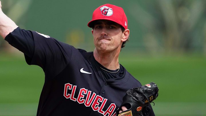 Mar 12, 2024; Surprise, Arizona, USA; Cleveland Guardians starting pitcher Shane Bieber (57) pitches against the Texas Rangers during the first inning at Surprise Stadium. Mandatory Credit: Joe Camporeale-Imagn Images