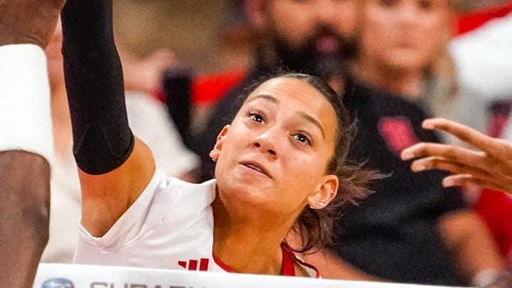 Nebraska Cornhuskers outside hitter Harper Murray (27) attacks
