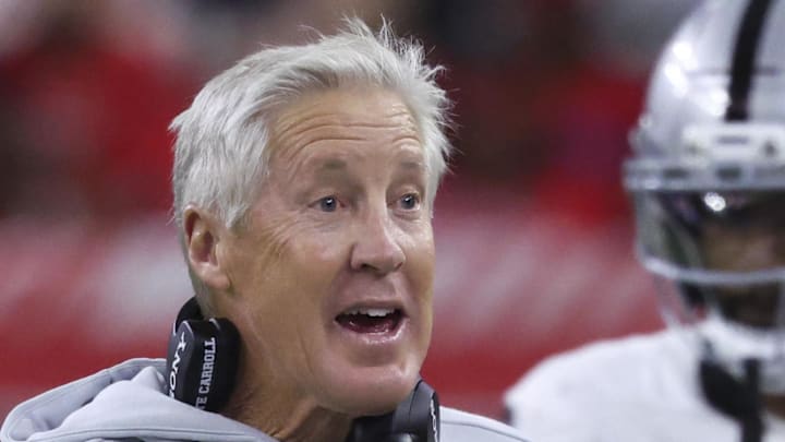 Dec 21, 2025; Houston, Texas, USA; Las Vegas Raiders head coach Pete Carroll reacts after a play during the second half against the Houston Texans at NRG Stadium. Mandatory Credit: Troy Taormina-Imagn Images