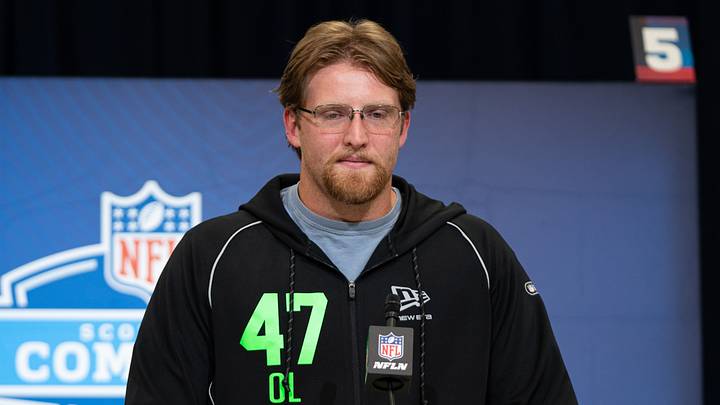 Feb 28, 2026; Indianapolis, IN, USA; Florida offensive lineman Jake Slaughter (OL47) speaks to members of the media during the NFL Combine at the Indiana Convention Center. Mandatory Credit: Jacob Musselman-Imagn Images