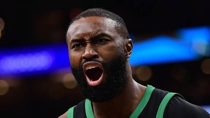 Boston Celtics guard Jaylen Brown (7) reacts towards the official after a play during the second half against the Miami Heat at TD Garden on February 6, 2026.