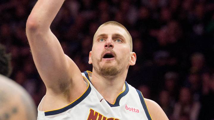 Apr 25, 2026; Minneapolis, Minnesota, USA; Denver Nuggets center Nikola Jokic (15) shoots against the Minnesota Timberwolves in the third quarter at Target Center. Mandatory Credit: Matt Blewett-Imagn Images