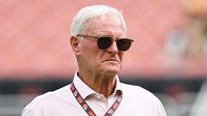 Aug 10, 2024; Cleveland, Ohio, USA; Cleveland Browns managing and principal partner Jimmy Haslam before the game at Cleveland Browns Stadium. Mandatory Credit: Ken Blaze-Imagn Images
